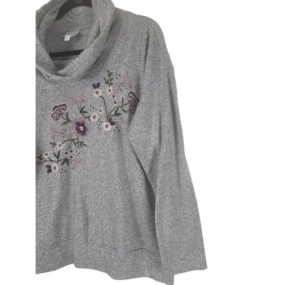 Sunday Cowl Neck Sweater L Womens Grey Floral Embroidered Long Sleeve Pullover - Picture 3 of 10